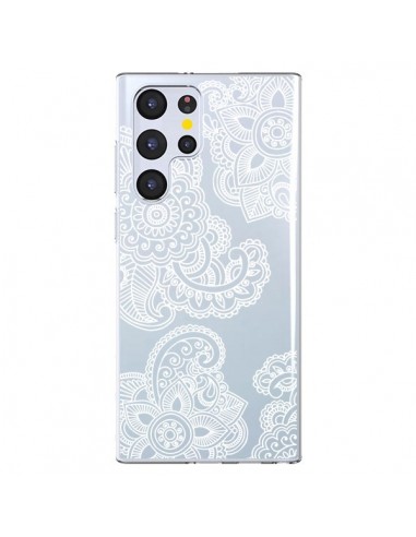 Coque Samsung Galaxy S22 Ultra 5G Lacey Paisley Mandala Blanc Fleur Transparente - Sylvia Cook