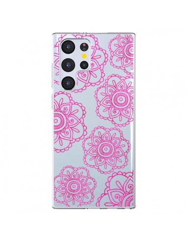 Coque Samsung Galaxy S22 Ultra 5G Pink Doodle Flower Mandala Rose Fleur Transparente - Sylvia Cook