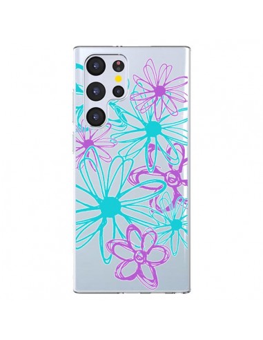 Coque Samsung Galaxy S22 Ultra 5G Turquoise and Purple Flowers Fleurs Violettes Transparente - Sylvia Cook