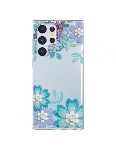Coque Samsung Galaxy S22 Ultra 5G Winter Flower Bleu, Fleurs d'Hiver Transparente - Sylvia Cook