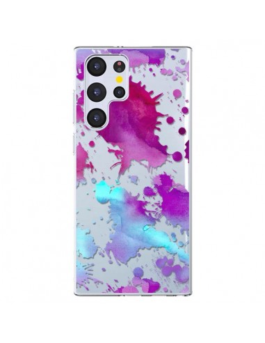 Coque Samsung Galaxy S22 Ultra 5G Watercolor Splash Taches Bleu Violet Transparente - Sylvia Cook