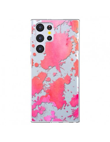 Coque Samsung Galaxy S22 Ultra 5G Watercolor Splash Taches Rose Orange Transparente - Sylvia Cook