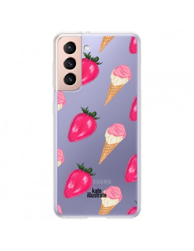 Coque Samsung Galaxy S21 Plus 5G Strawberry Ice Cream Fraise Glace Transparente - kateillustrate