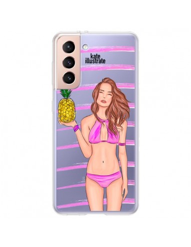 Coque Samsung Galaxy S21 Plus 5G Malibu Ananas Plage Ete Rose Transparente - kateillustrate
