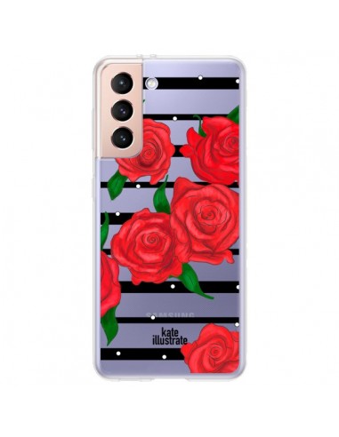 Coque Samsung Galaxy S21 Plus 5G Red Roses Rouge Fleurs Flowers Transparente - kateillustrate