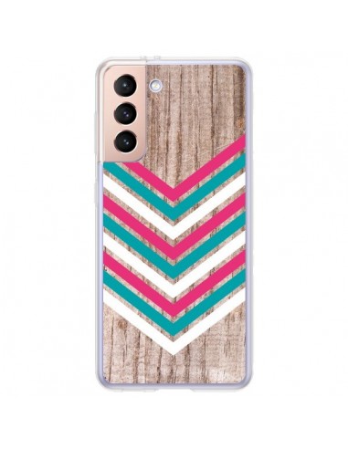 Coque Samsung Galaxy S21 Plus 5G Tribal Aztèque Bois Wood Flèche Rose Bleu - Laetitia