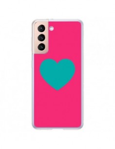 Coque Samsung Galaxy S21 Plus 5G Coeur Bleu Fond Rose -...