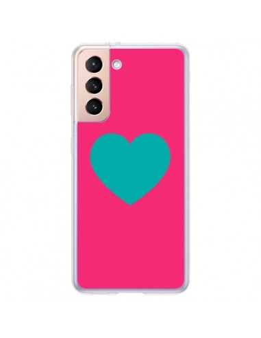 Coque Samsung Galaxy S21 Plus 5G Coeur Bleu Fond Rose - Laetitia