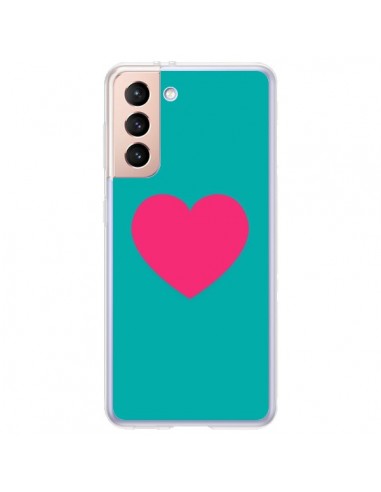 Coque Samsung Galaxy S21 Plus 5G Coeur Rose Fond Bleu  - Laetitia