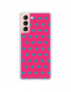 Coque Samsung Galaxy S21 Plus 5G Coeurs Bleus Fond Rose -...