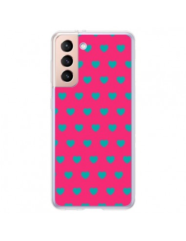 Coque Samsung Galaxy S21 Plus 5G Coeurs Bleus Fond Rose - Laetitia