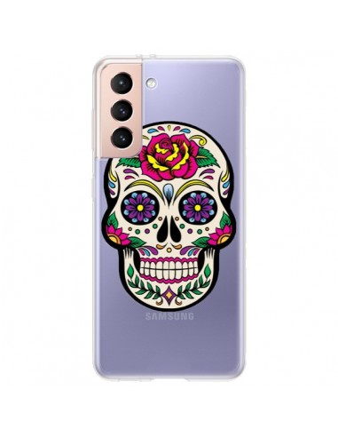 Coque Samsung Galaxy S21 Plus 5G Tête de Mort Mexicaine Fleurs Transparente - Laetitia
