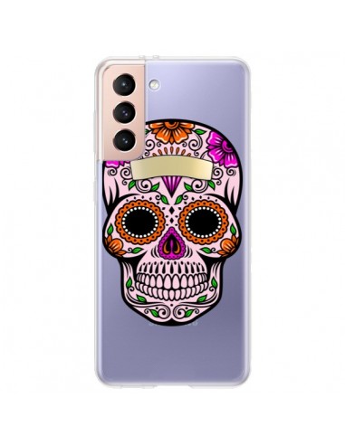 Coque Samsung Galaxy S21 Plus 5G Tête de Mort Mexicaine Noir Rose Transparente - Laetitia