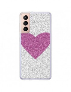 Coque Samsung Galaxy S21 Plus 5G Coeur Rose Argent Love -...