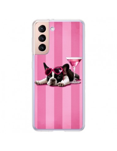 Coque Samsung Galaxy S21 Plus 5G Chien Dog Cocktail Lunettes Coeur Rose - Maryline Cazenave