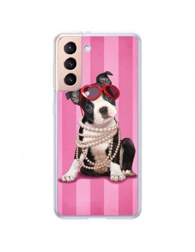 Coque Samsung Galaxy S21 Plus 5G Chien Dog Fashion Collier Perles Lunettes Coeur - Maryline Cazenave