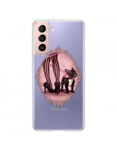 Coque Samsung Galaxy S21 Plus 5G Lady Jambes Chien Bulldog Dog Rose Pois Noir Transparente - Maryline Cazenave