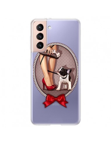 Coque Samsung Galaxy S21 Plus 5G Lady Jambes Chien Bulldog Dog Pois Noeud Papillon Transparente - Maryline Cazenave