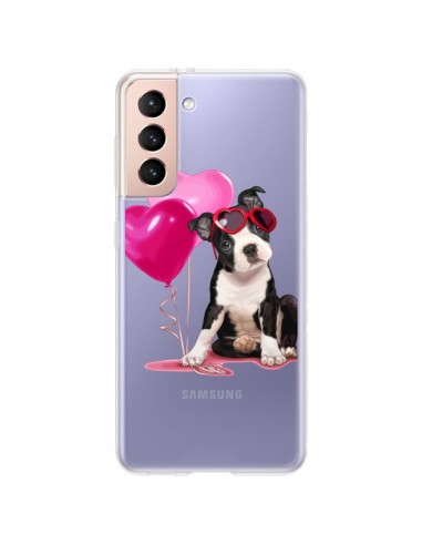 Coque Samsung Galaxy S21 Plus 5G Chien Dog Ballon Lunettes Coeur Rose Transparente - Maryline Cazenave