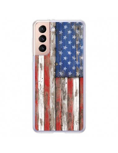 Coque Samsung Galaxy S21 Plus 5G Drapeau USA Vintage Bois Wood - Maximilian San