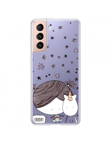 Coque Samsung Galaxy S21 Plus 5G Petite Fille et Licorne I Believe Transparente - Nico