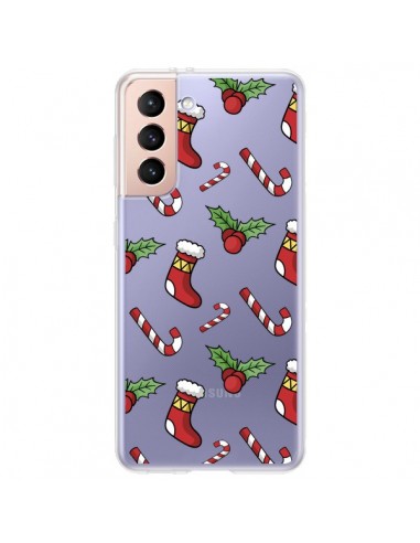 Coque Samsung Galaxy S21 Plus 5G Chaussette Sucre d'Orge Houx de Noël transparente - Nico