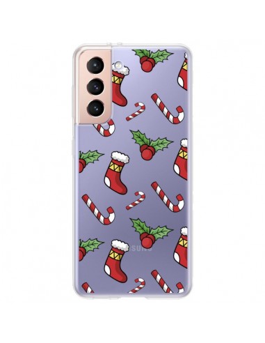 Coque Samsung Galaxy S21 Plus 5G Chaussette Sucre d'Orge Houx de Noël transparente - Nico