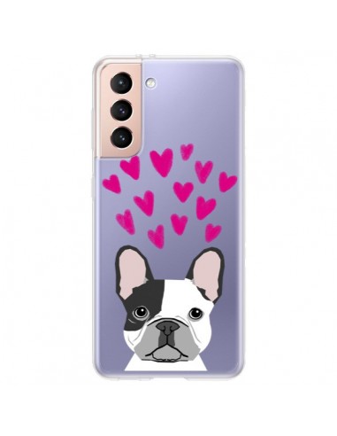 Coque Samsung Galaxy S21 Plus 5G Bulldog Français Coeurs Chien Transparente - Pet Friendly