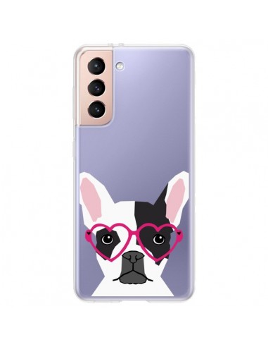 Coque Samsung Galaxy S21 Plus 5G Bulldog Français Lunettes Coeurs Chien Transparente - Pet Friendly