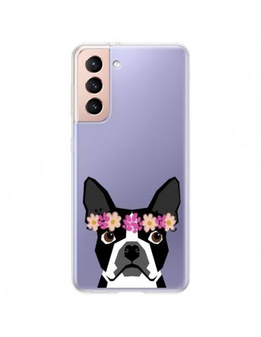 Coque Samsung Galaxy S21 Plus 5G Boston Terrier Fleurs Chien Transparente - Pet Friendly