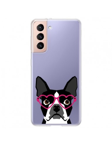 Coque Samsung Galaxy S21 Plus 5G Boston Terrier Lunettes Coeurs Chien Transparente - Pet Friendly