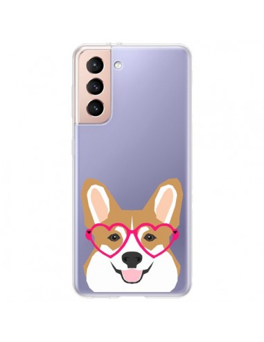 Coque Samsung Galaxy S21 Plus 5G Chien Marrant Lunettes Coeurs Transparente - Pet Friendly