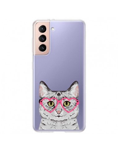 Coque Samsung Galaxy S21 Plus 5G Chat Gris Lunettes Coeurs Transparente - Pet Friendly