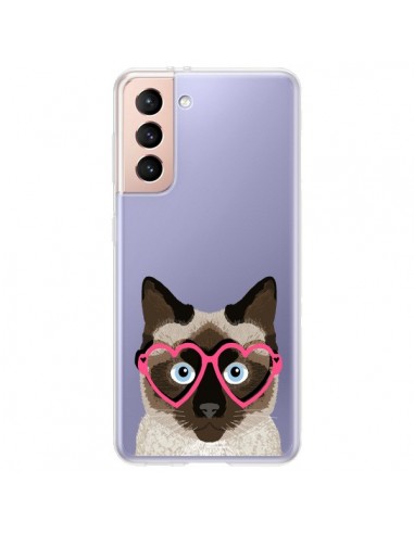 Coque Samsung Galaxy S21 Plus 5G Chat Marron Lunettes Coeurs Transparente - Pet Friendly