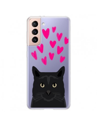 Coque Samsung Galaxy S21 Plus 5G Chat Noir Coeurs Transparente - Pet Friendly