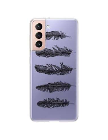 Coque Samsung Galaxy S21 Plus 5G Plume Feather Noir Transparente - Rachel Caldwell