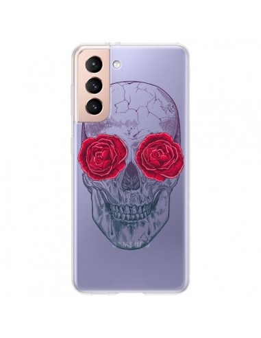 Coque Samsung Galaxy S21 Plus 5G Tête de Mort Rose Fleurs Transparente - Rachel Caldwell