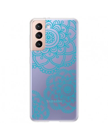 Coque Samsung Galaxy S21 Plus 5G Mandala Bleu Aqua Doodle Flower Transparente - Sylvia Cook