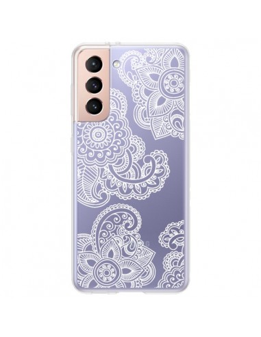 Coque Samsung Galaxy S21 Plus 5G Lacey Paisley Mandala Blanc Fleur Transparente - Sylvia Cook