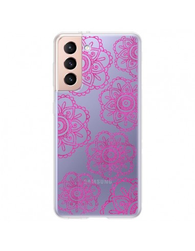 Coque Samsung Galaxy S21 Plus 5G Pink Doodle Flower Mandala Rose Fleur Transparente - Sylvia Cook