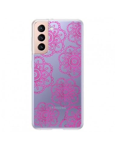 Coque Samsung Galaxy S21 Plus 5G Pink Doodle Flower Mandala Rose Fleur Transparente - Sylvia Cook