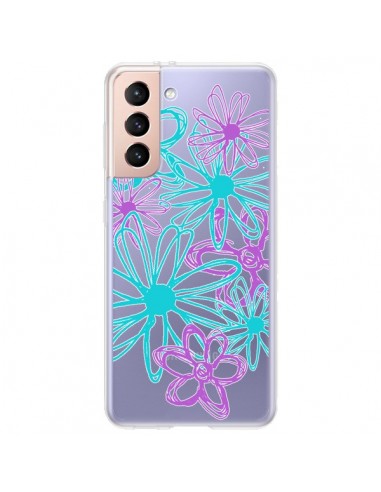 Coque Samsung Galaxy S21 Plus 5G Turquoise and Purple Flowers Fleurs Violettes Transparente - Sylvia Cook