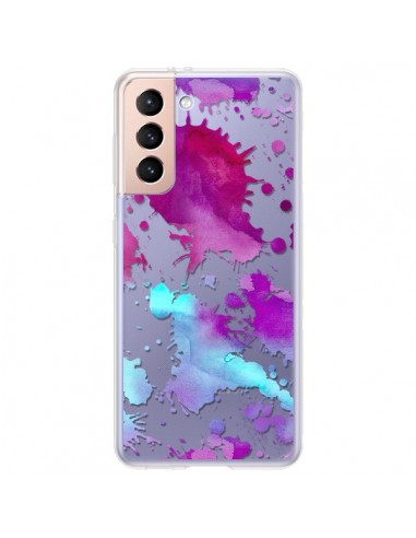 Coque Samsung Galaxy S21 Plus 5G Watercolor Splash Taches Bleu Violet Transparente - Sylvia Cook