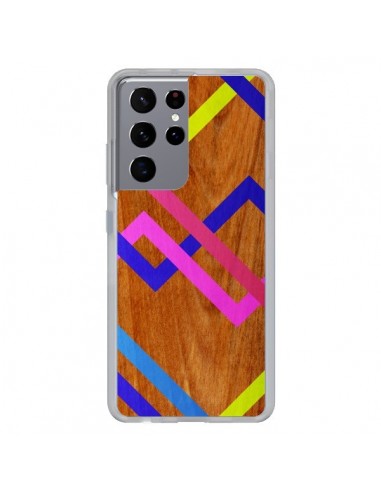 Coque Samsung Galaxy S21 Ultra et S30 Ultra Pink Yellow Wooden Bois Azteque Aztec Tribal - Jenny Mhairi