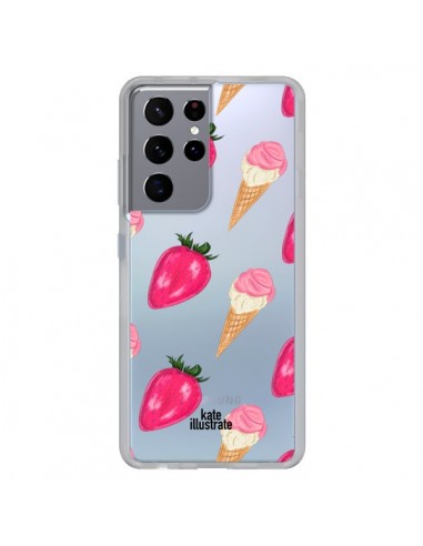 Coque Samsung Galaxy S21 Ultra et S30 Ultra Strawberry Ice Cream Fraise Glace Transparente - kateillustrate
