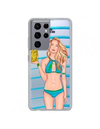 Coque Samsung Galaxy S21 Ultra et S30 Ultra Malibu Ananas Plage Ete Bleu Transparente - kateillustrate