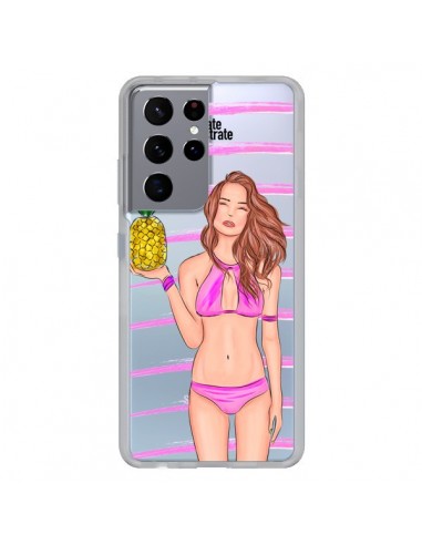 Coque Samsung Galaxy S21 Ultra et S30 Ultra Malibu Ananas Plage Ete Rose Transparente - kateillustrate