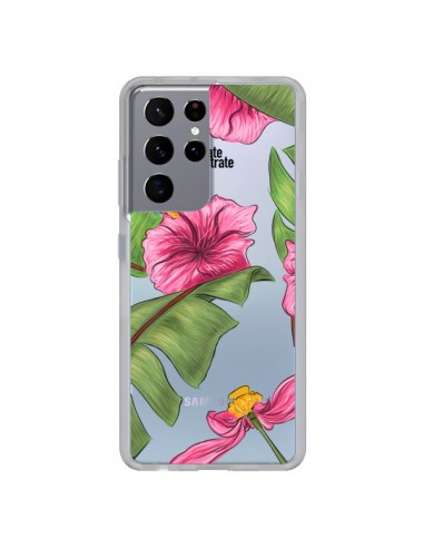 Coque Samsung Galaxy S21 Ultra et S30 Ultra Tropical Leaves Fleurs Feuilles Transparente - kateillustrate