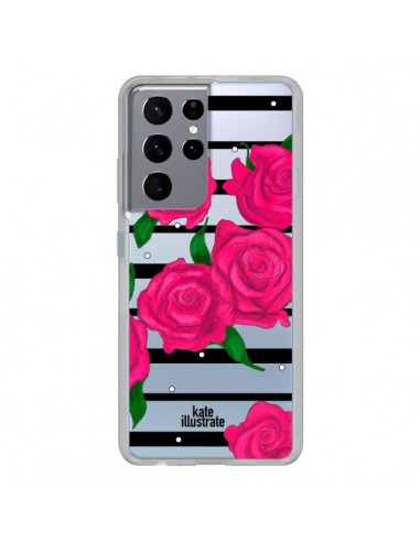 Coque Samsung Galaxy S21 Ultra et S30 Ultra Roses Rose Fleurs Flowers Transparente - kateillustrate