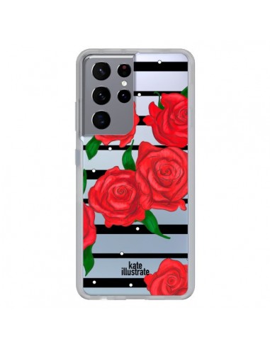 Coque Samsung Galaxy S21 Ultra et S30 Ultra Red Roses Rouge Fleurs Flowers Transparente - kateillustrate
